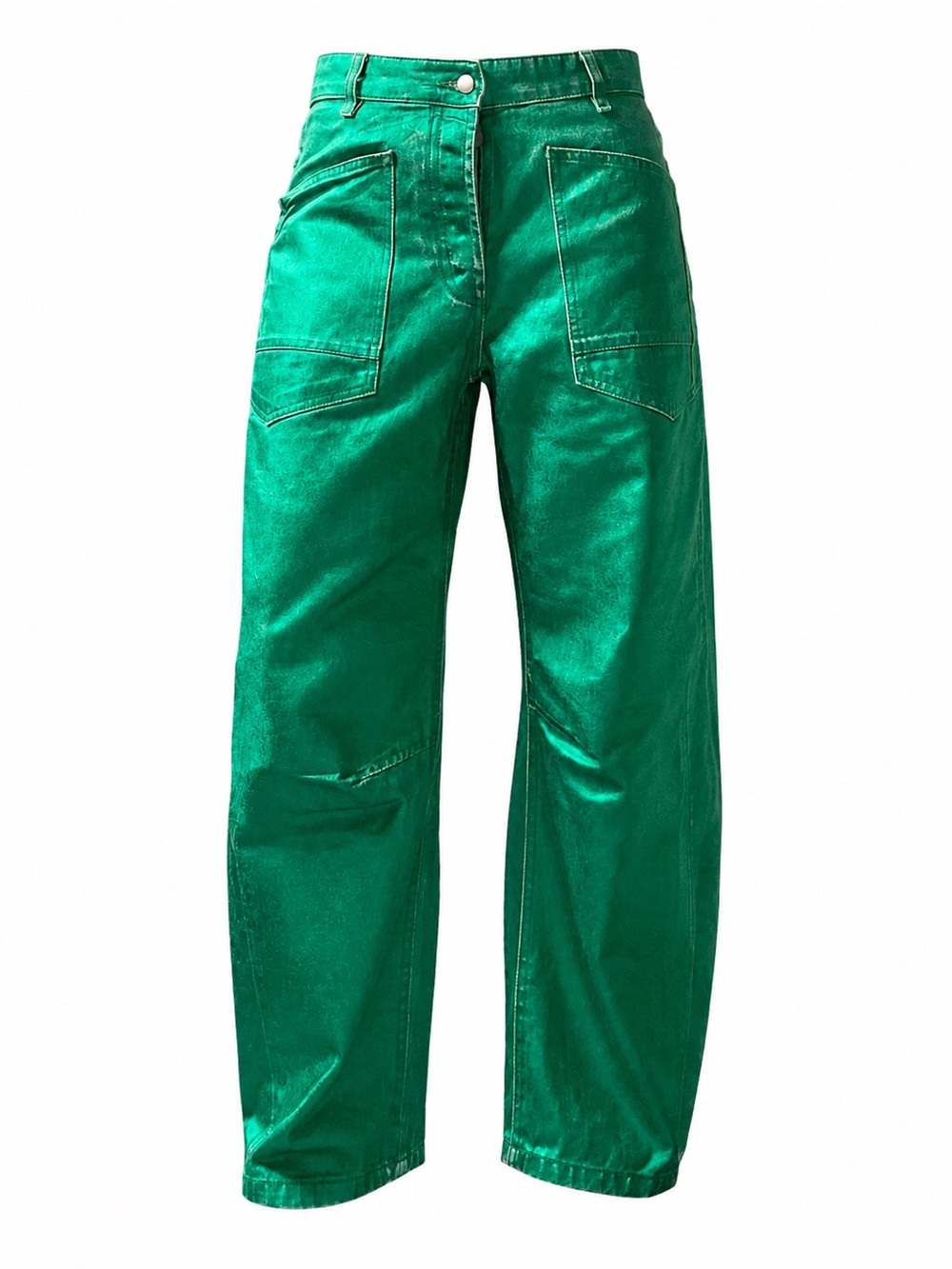 Free People Moxie Metallic Green Barrel Jeans Sample Factory Distressed NWOT 27